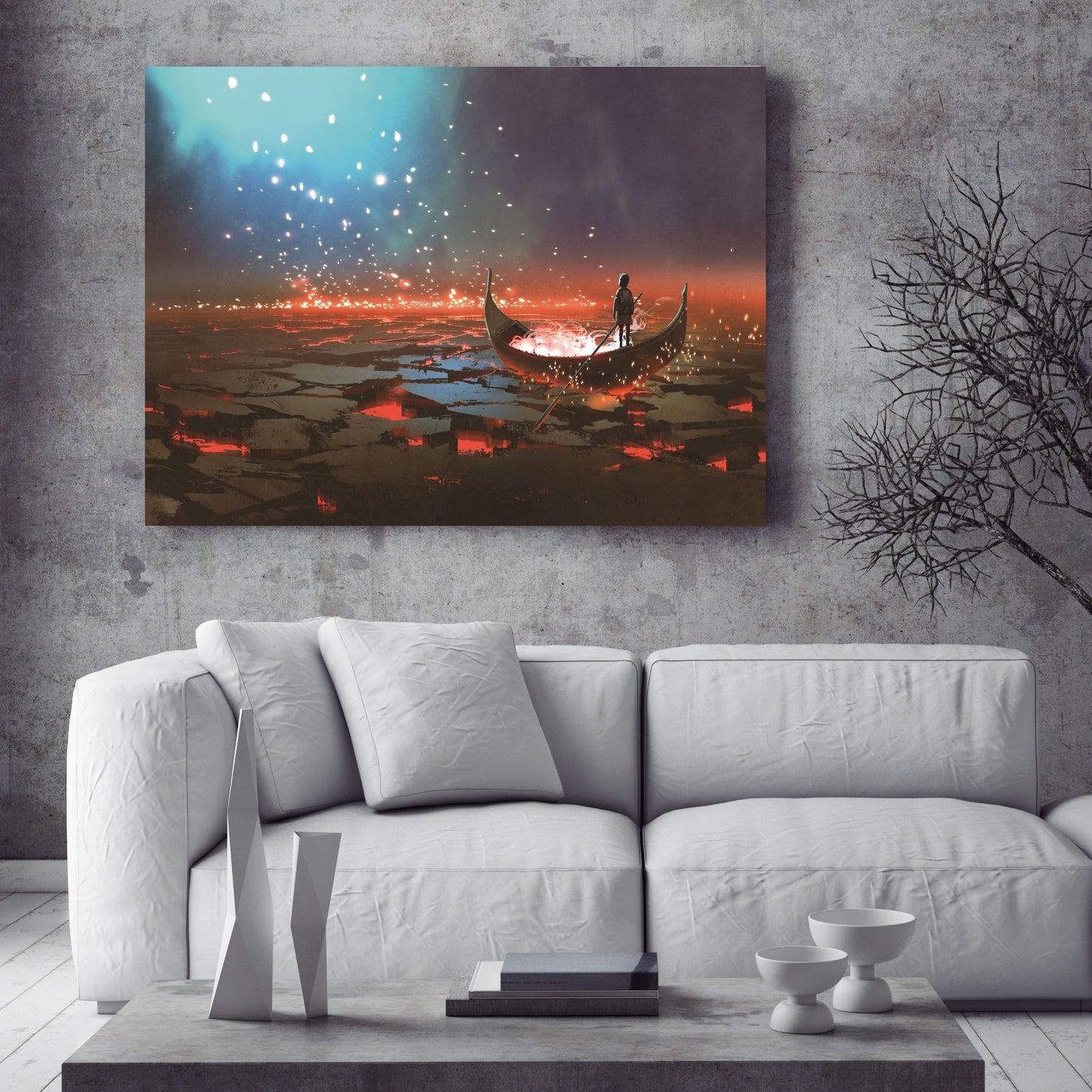 Fantasy world scenery showing a boy rowing a boat in the land of volcanic, digital art style