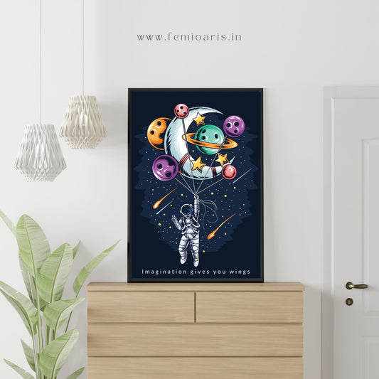 Astronaut Flying with Balloon Planets