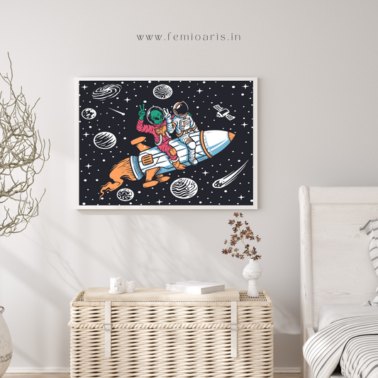 Astronaut and an Alien riding a rocket together