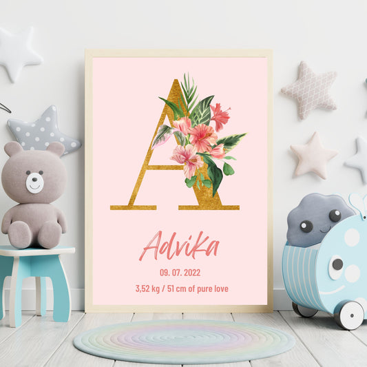 Personalized Floral Themed Poster for Baby Girl