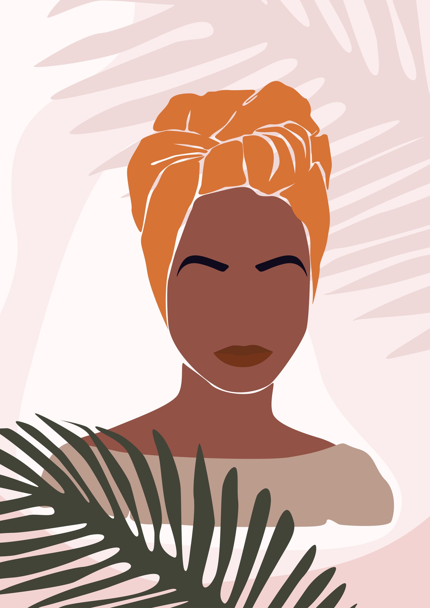 Abstract portrait illustration of african woman with tropic leaves