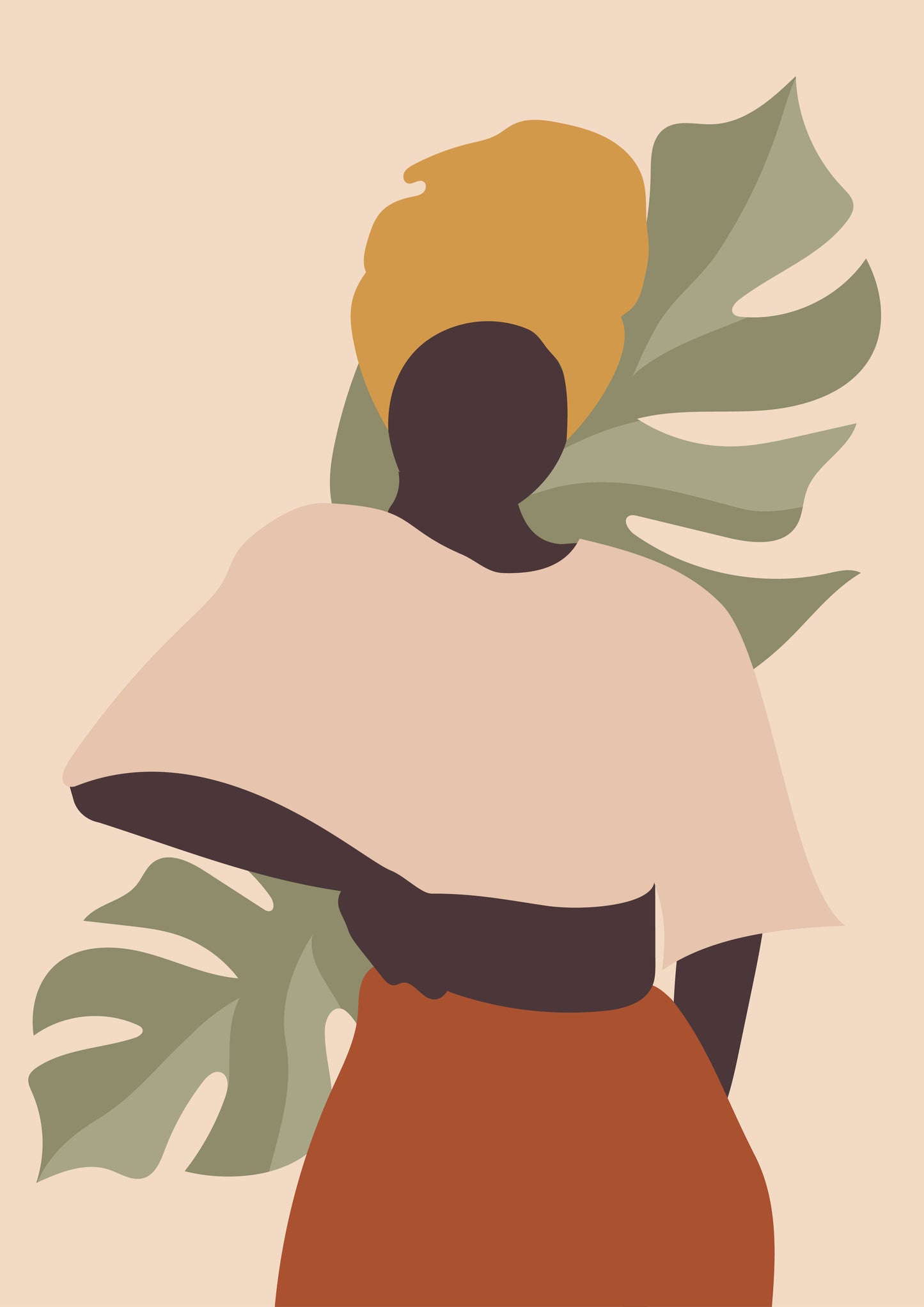 Woman portrait with monstera leaf wall art