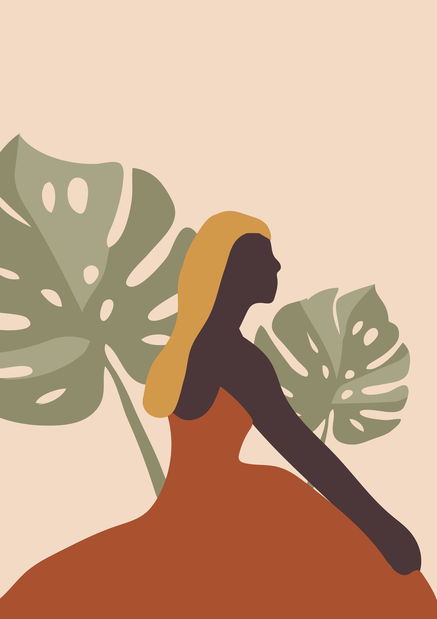 Woman portrait with monstera leaf wall art