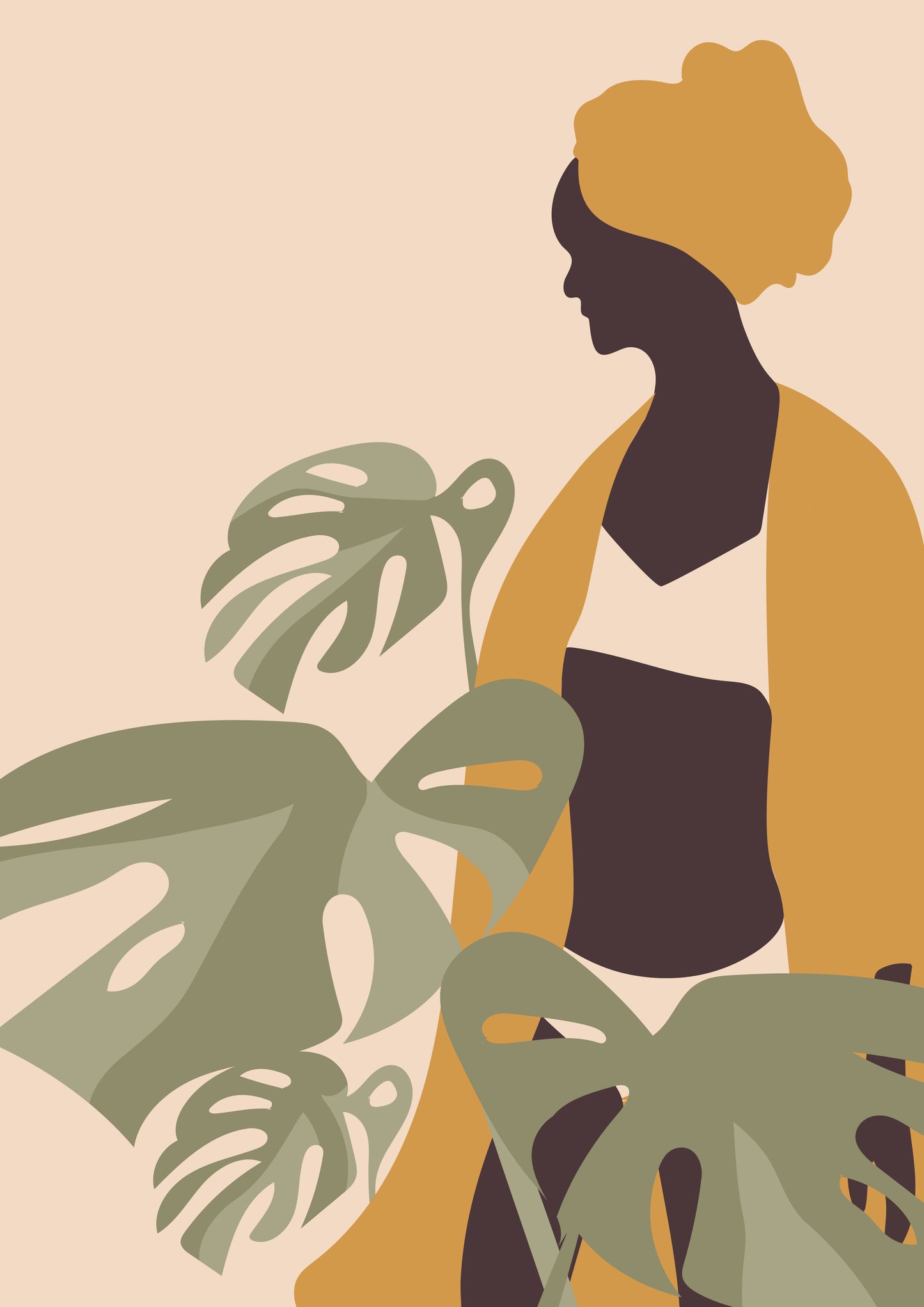 Woman portrait with monstera leaf wall art