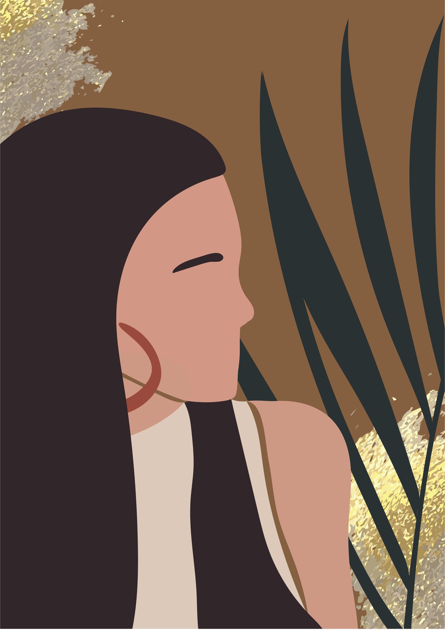 Surreal face of a stylish girl in trendy clothes with tropical leaves background