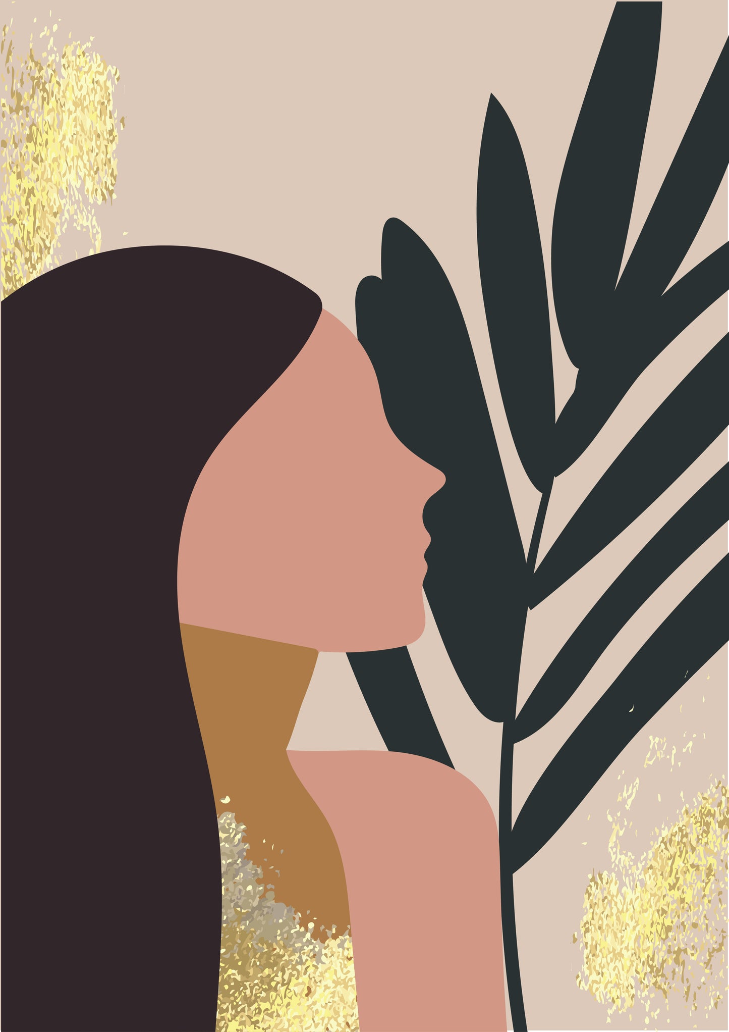 Surreal face of a stylish girl in trendy clothes with tropical leaves background