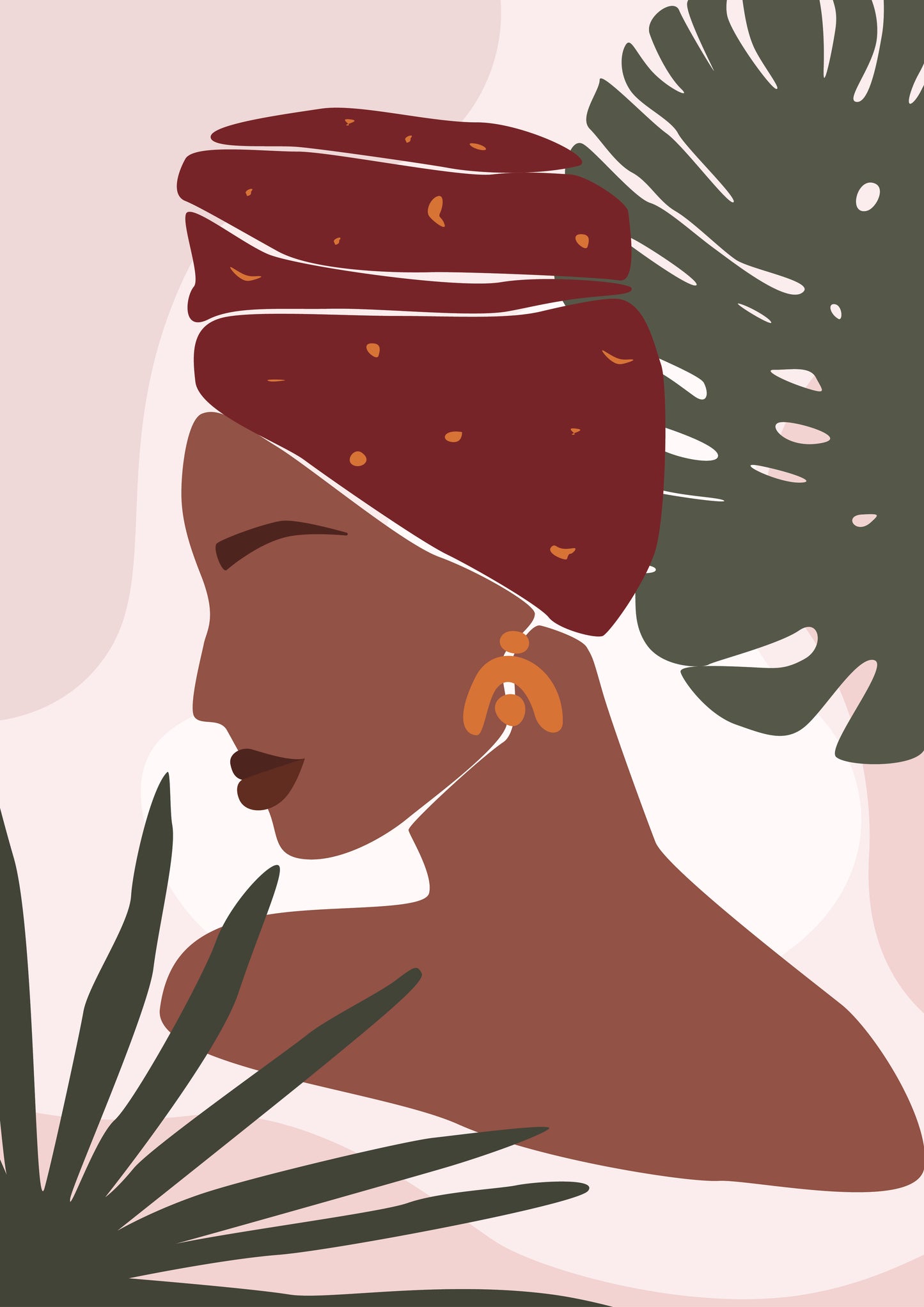 Abstract portrait illustration of african woman with tropic leaves