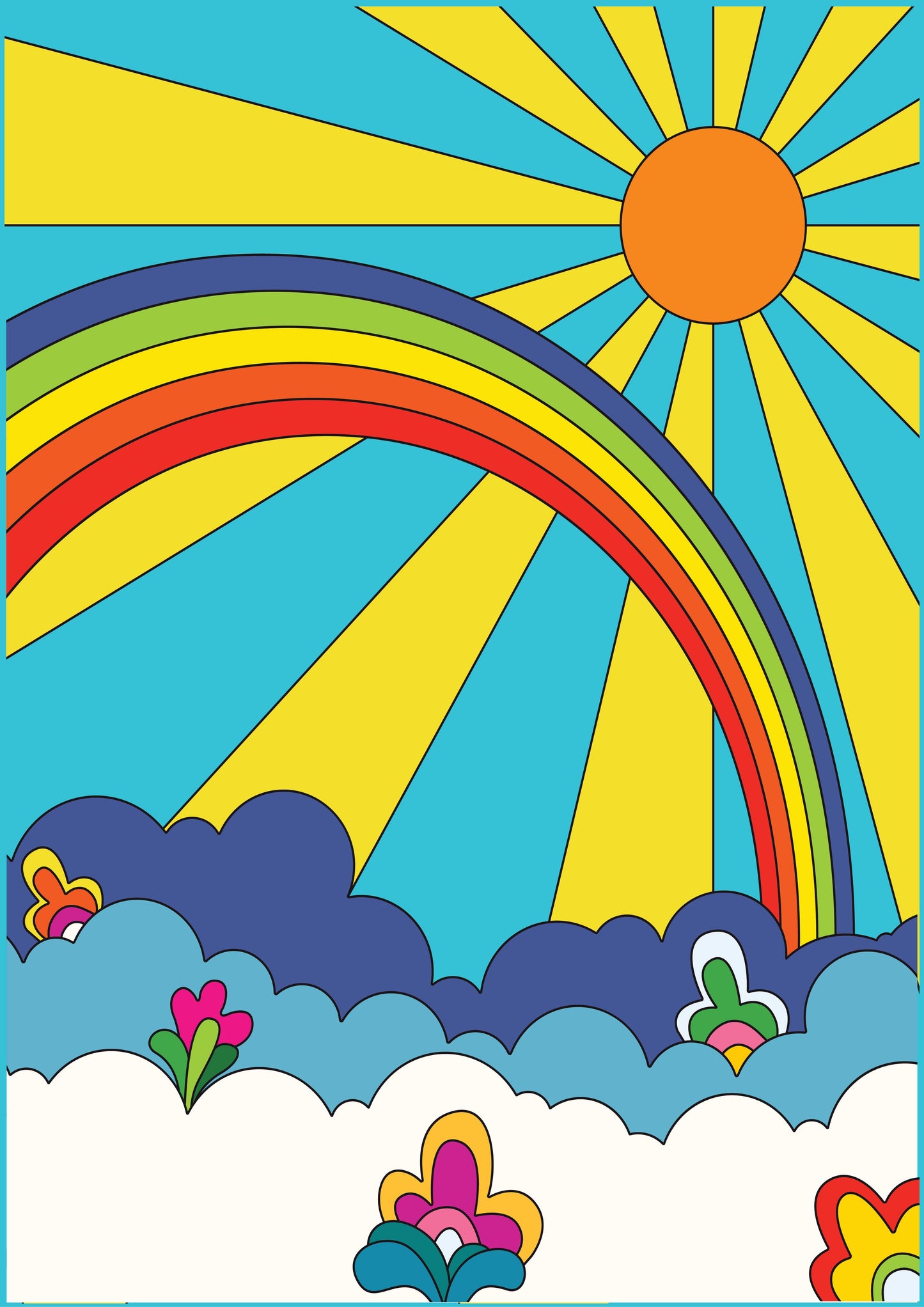 Psychedelic Art - Sun, Rainbow and Flowers