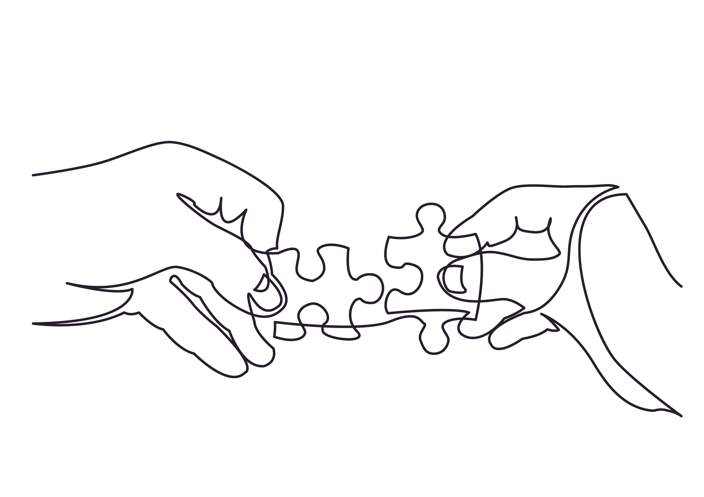 Continuous line drawing of hands solving jigsaw puzzle
