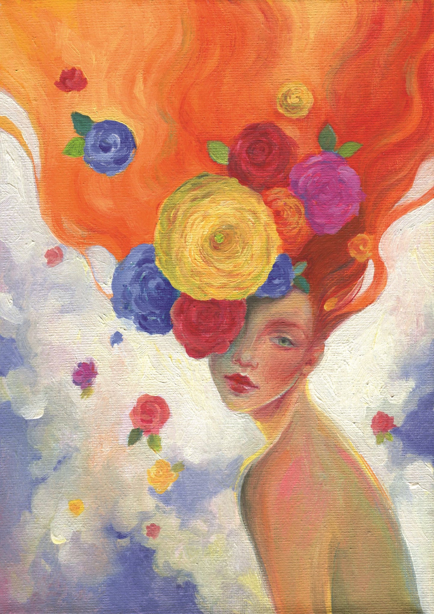 Contemporary Oil Painting of Beautiful Woman and Flowers