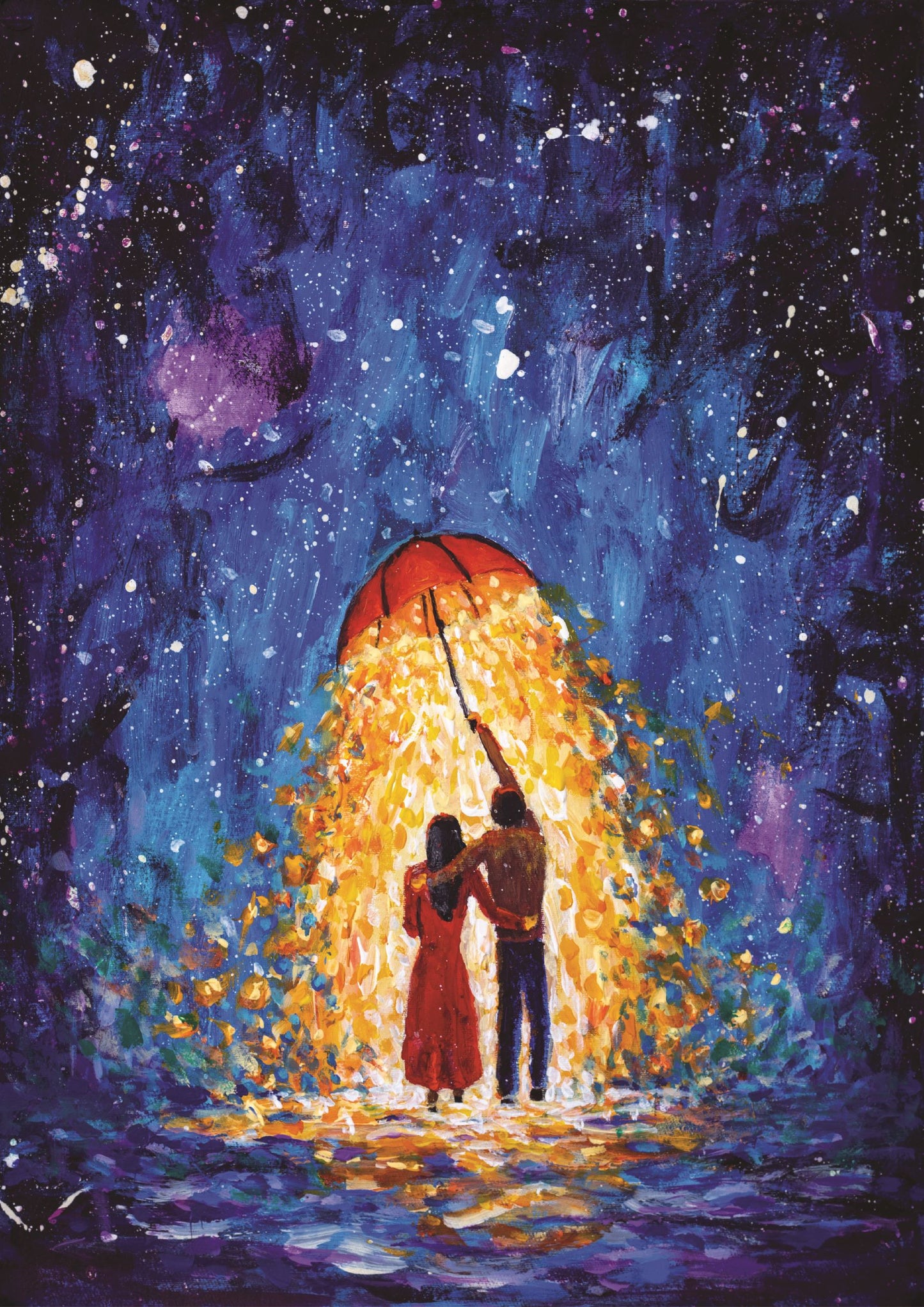 Couple in love walks under glowing umbrella in winter starry night