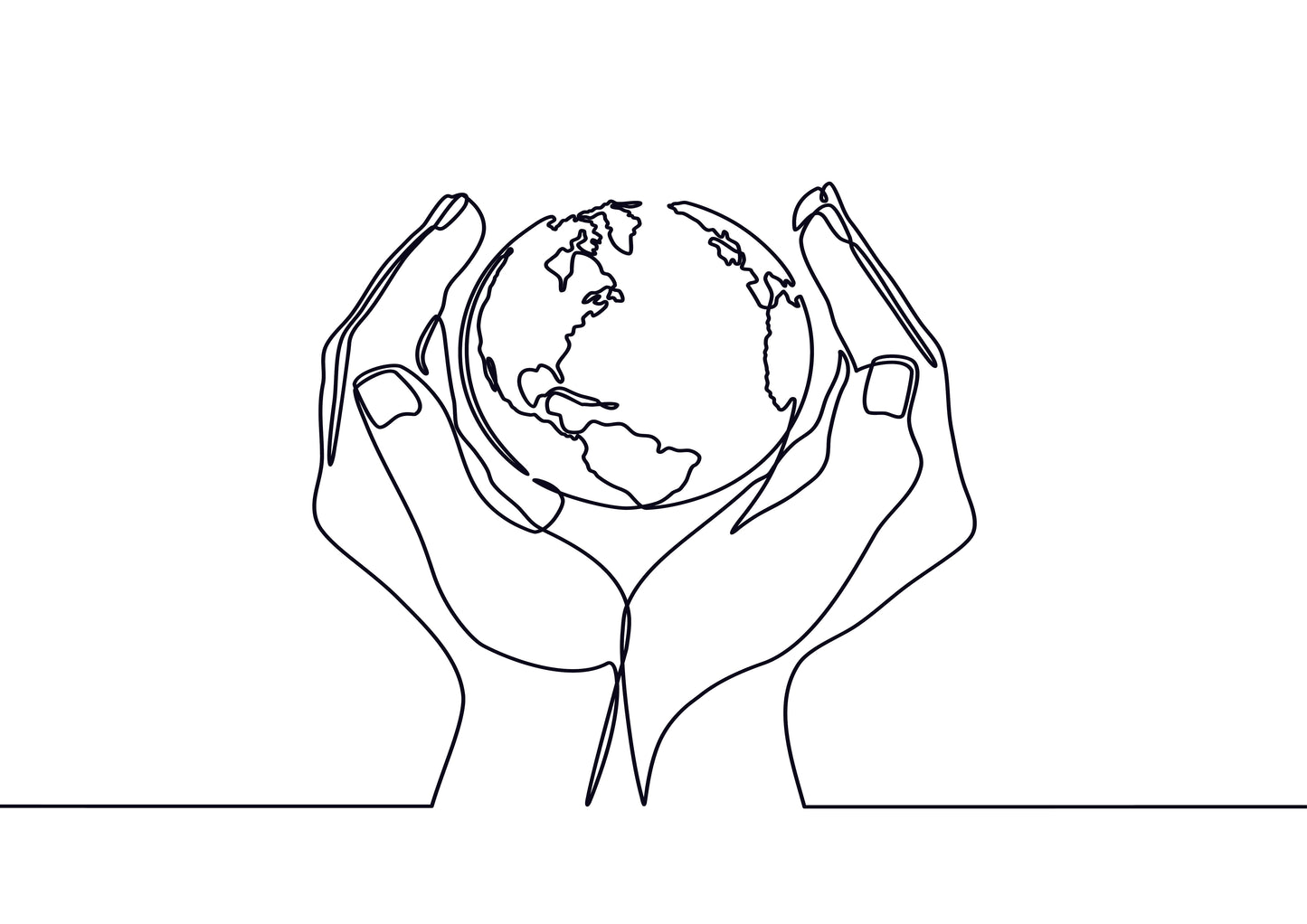 Line drawing of hands holding Earth globe