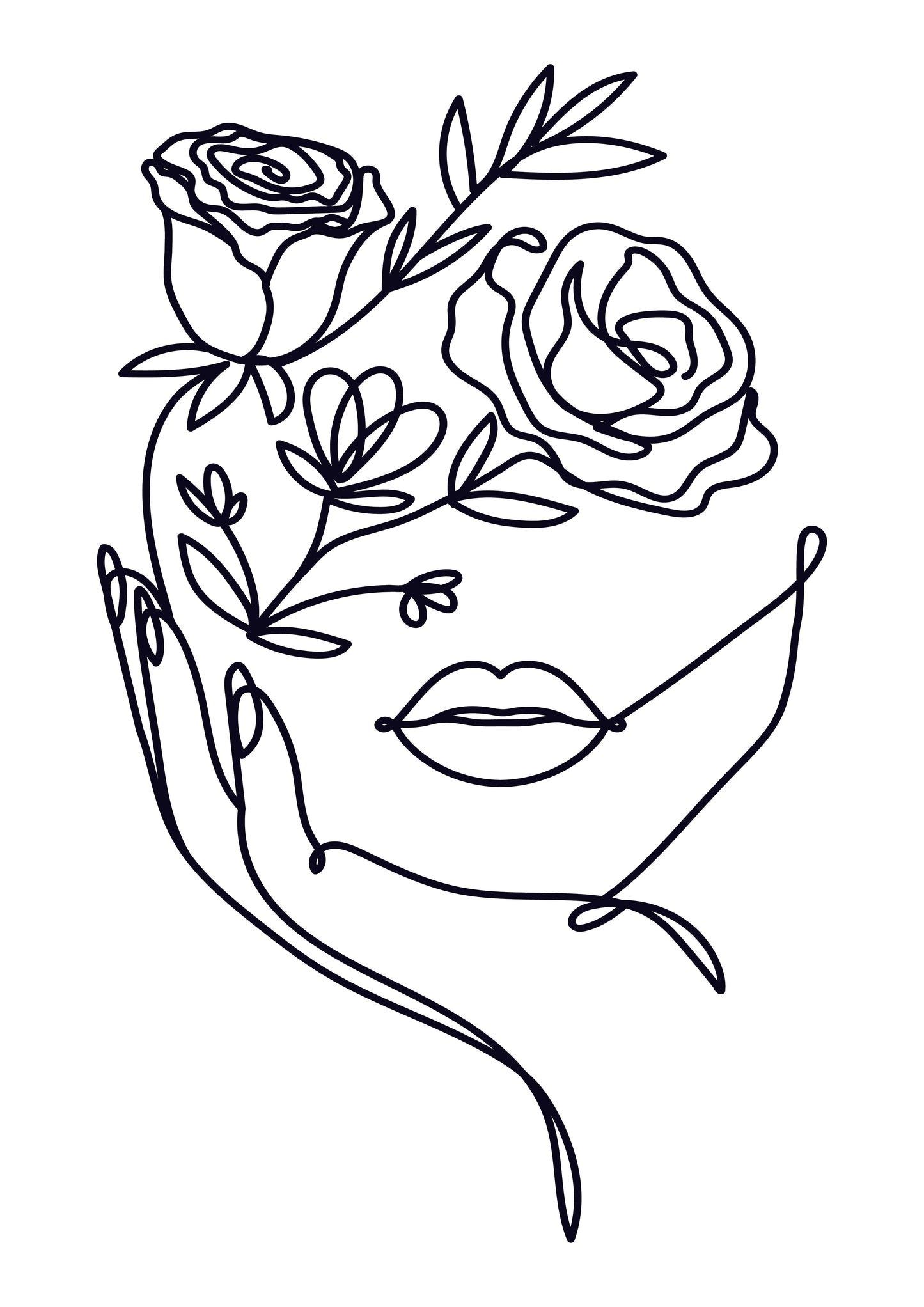 Elegant woman face in one line art style with flowers