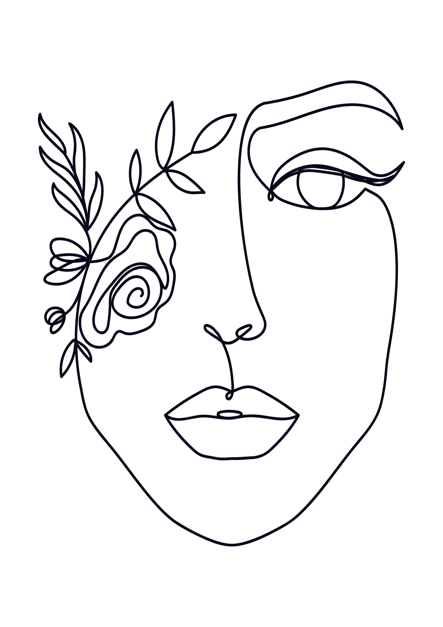 Elegant woman face in one line art style with flowers