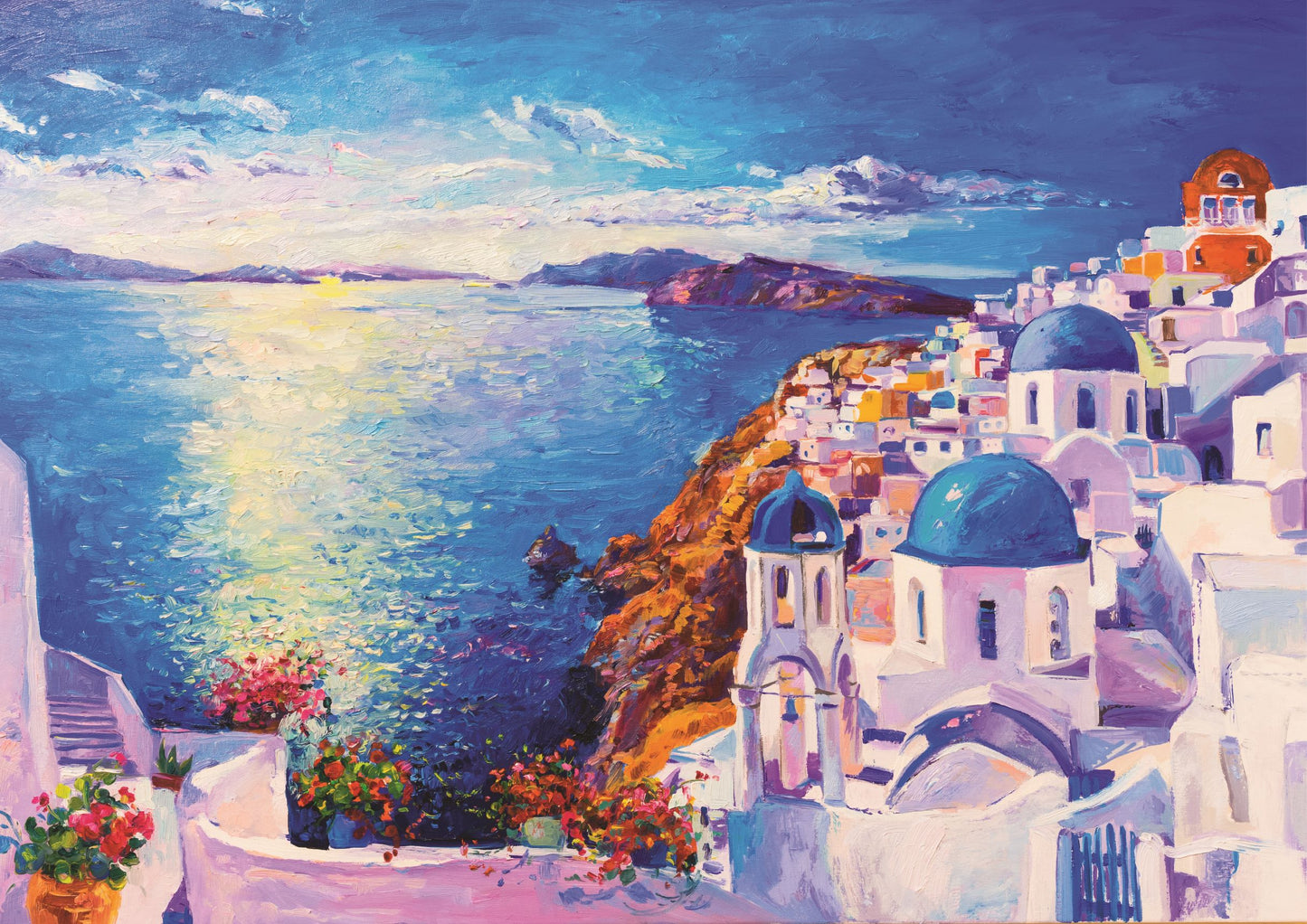 Oil Painting with Blue Sea and White Houses