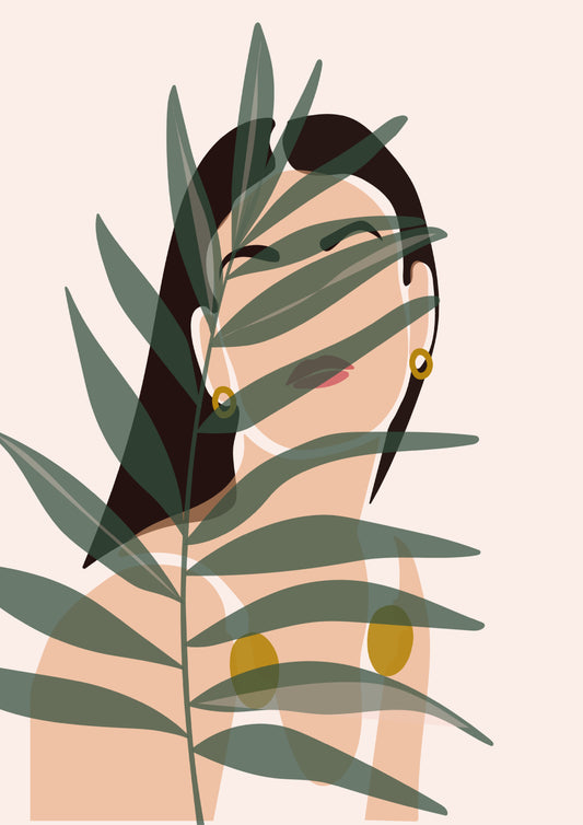 A young woman face with gold earrings with a tropical plants in a minimalist, abstract trendy style