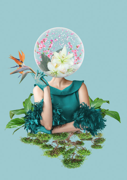 Abstract contemporary art collage portrait of young woman with flowers on face hides her eyes