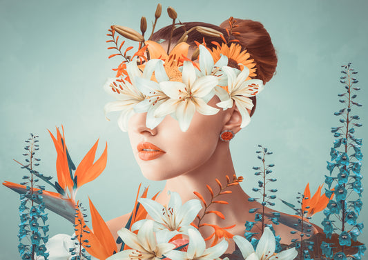 Abstract contemporary art collage portrait of young woman with flowers on face hides her eyes